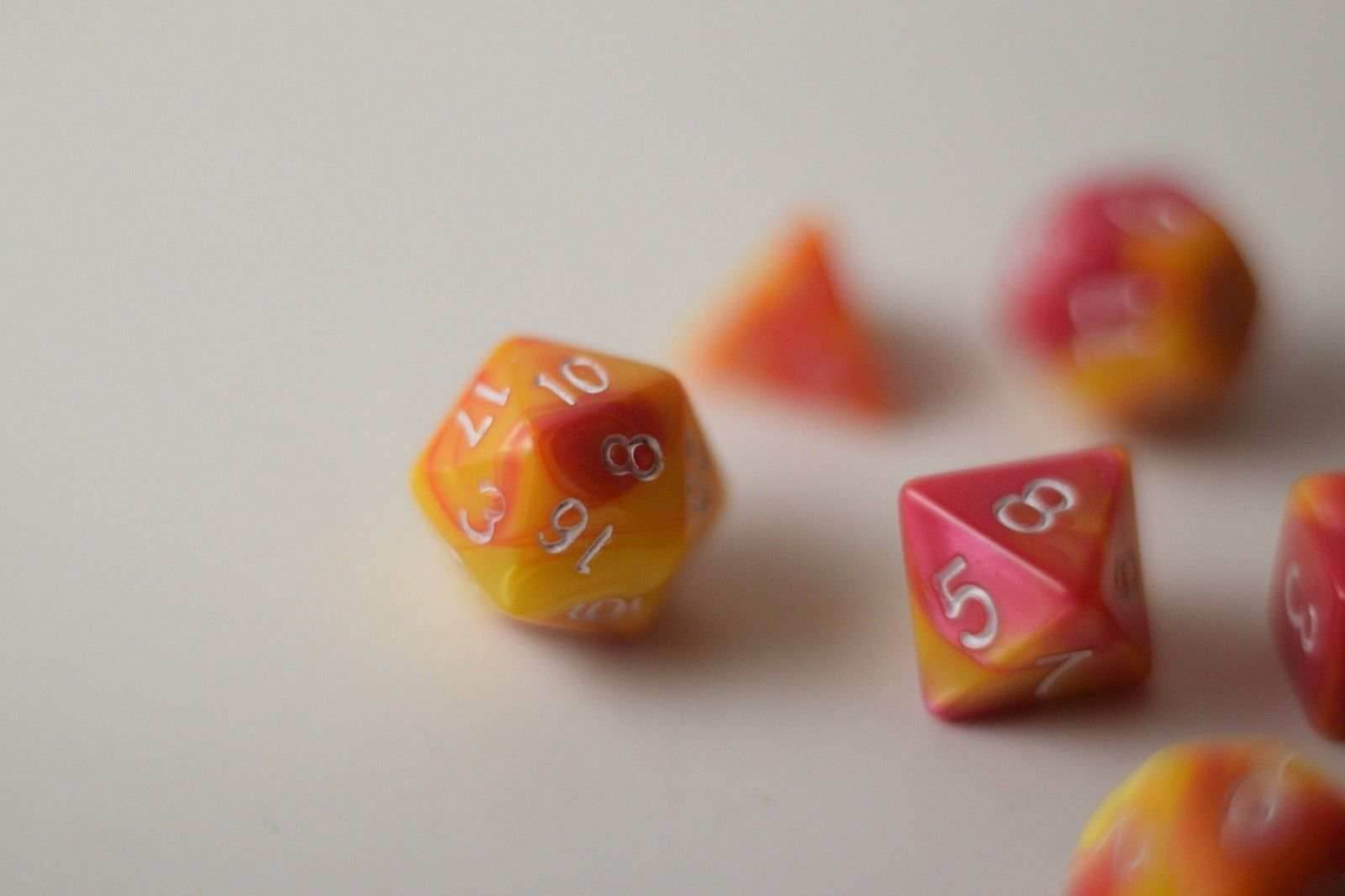 New Shiny Yellow Pink Miniature Poly Dice Set Small (7) RPG DnD Mini Cute - 