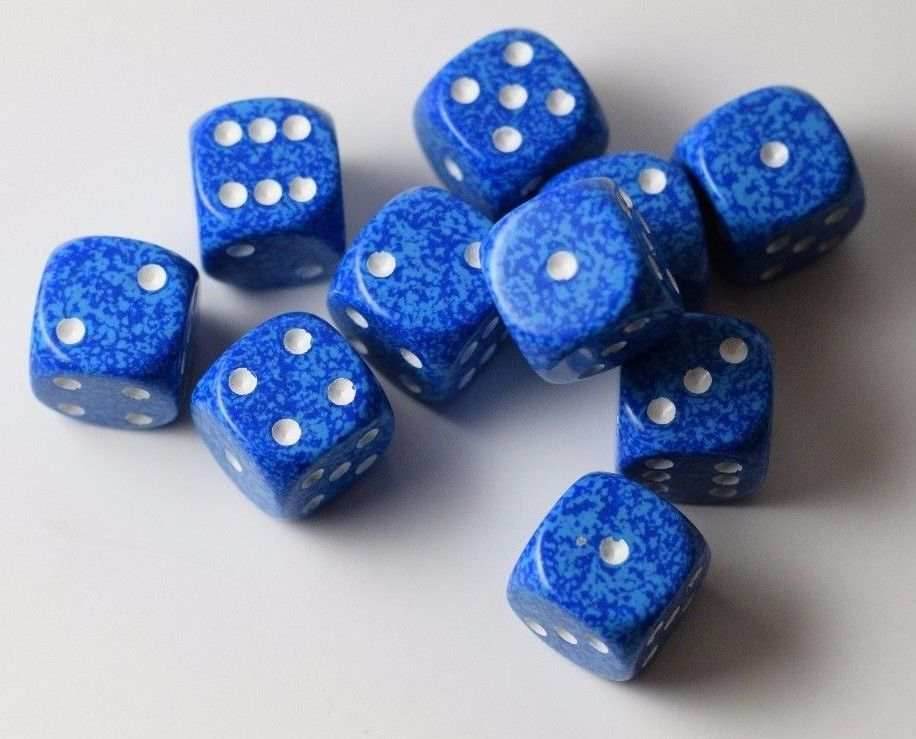Water Speckled 16mm D6 Pipped Dice | Blue and White (sold per die) - 