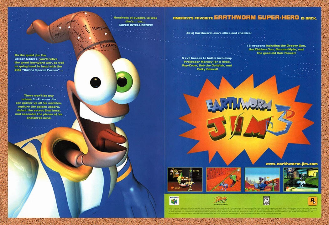1999 Earthworm Jim 3D N64 Original Ad v2