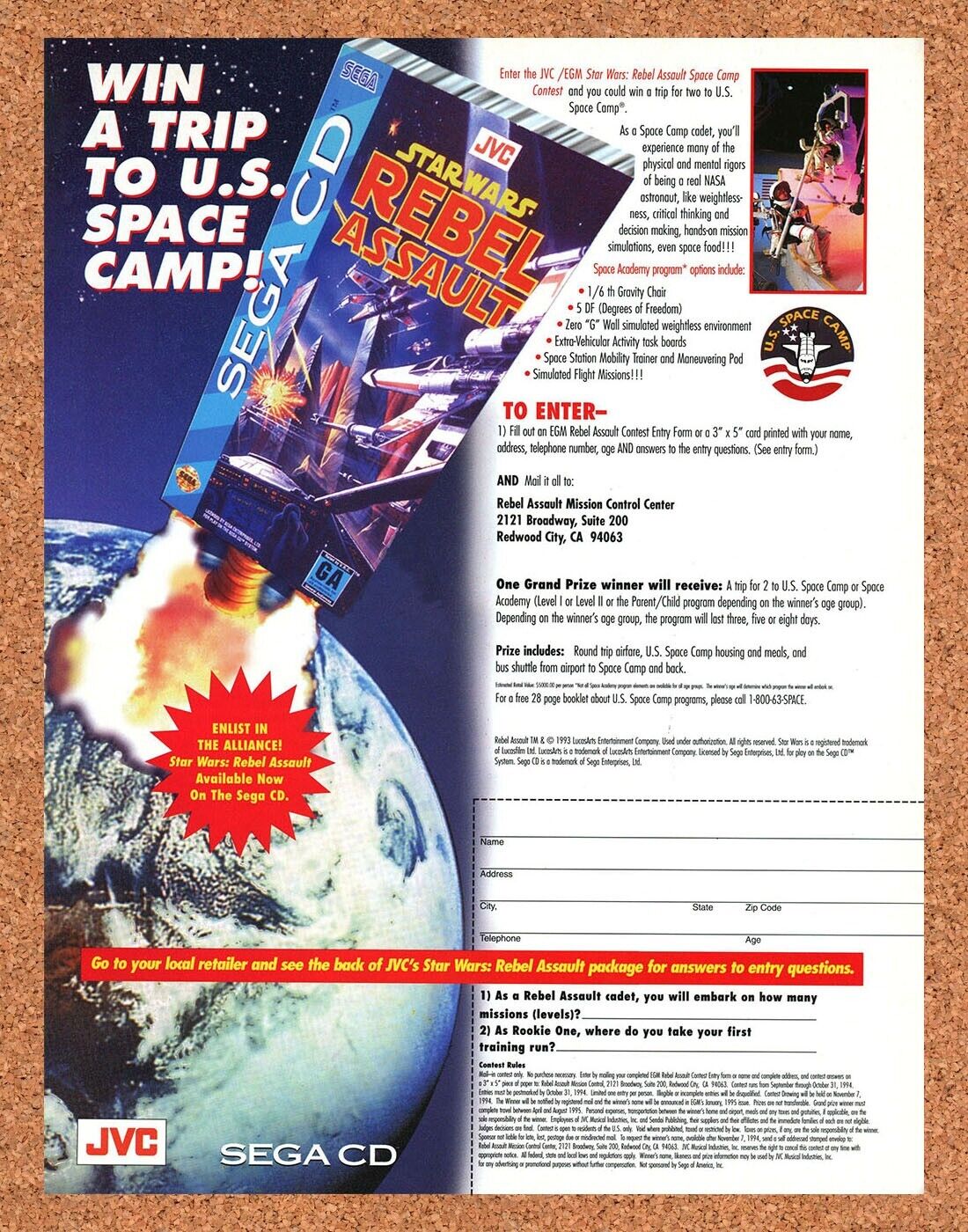 1994 Star Wars Rebel Assault Sega CD Original Ad