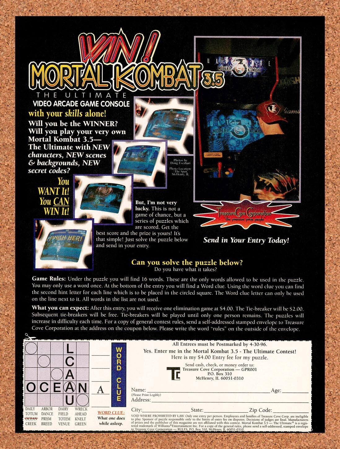 1996 Mortal Kombat 3.5 Arcade Cabinet Sweepstakes Original Ad v1