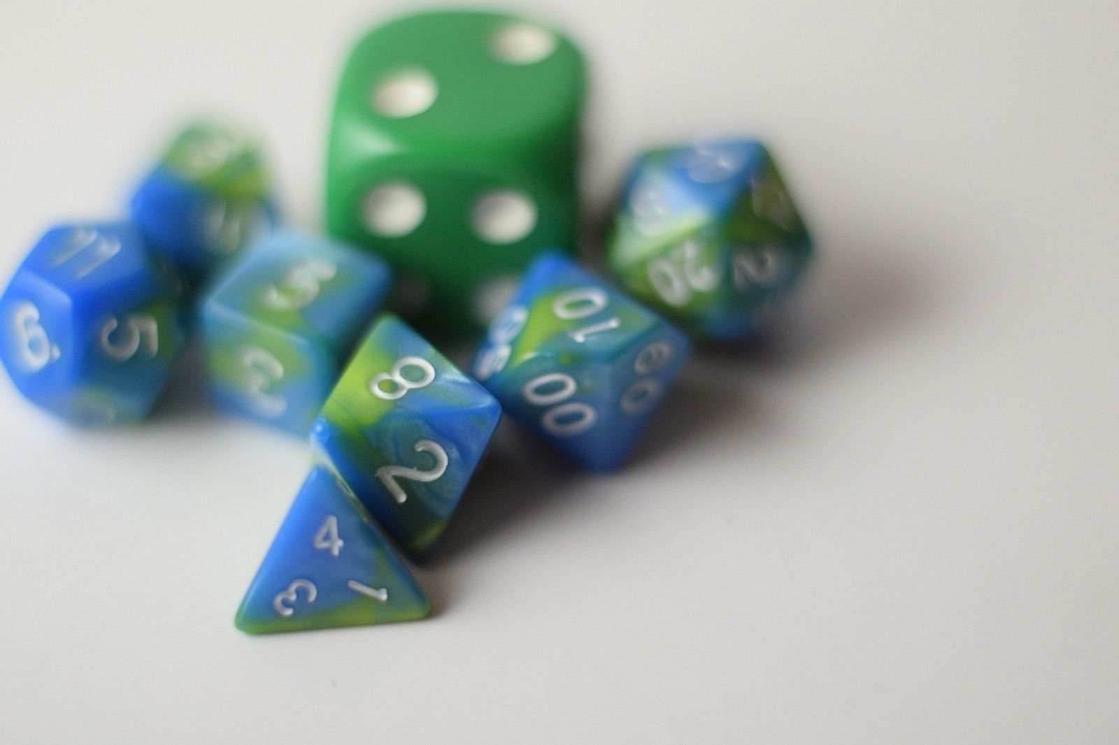 New Green Blue Miniature Poly Dice Set Blue White Small (7) RPG DnD Mini Cute - 
