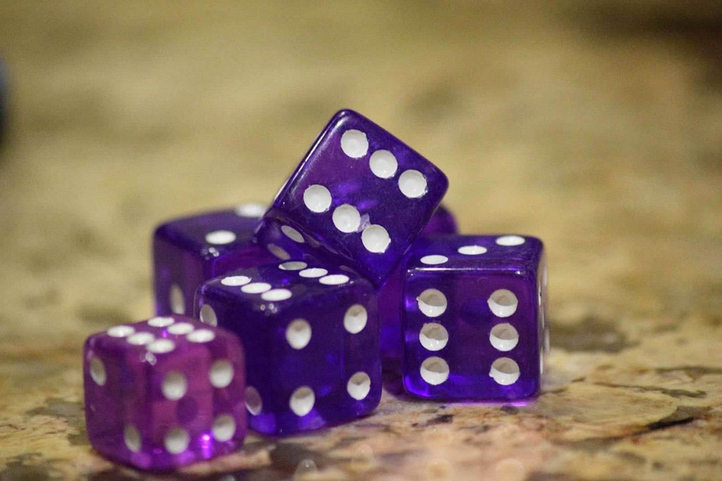 Purple 5 Transparent w/ White Pip Bunco Gaming Dice set 19mm D6 Yahtzee Quality - 
