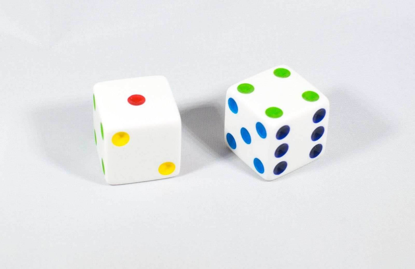 NEW 2 Jumbo 25mm 1 inch White Dice Pair RPG D6 Koplow Large Huge Rainbow Pips - 