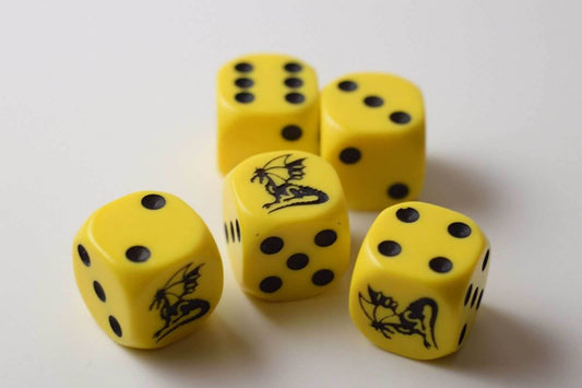 NEW Set of 5 Dragon Yellow w/Black Dice D&D RPG Game 16mm Six Sided D6 Koplow - 