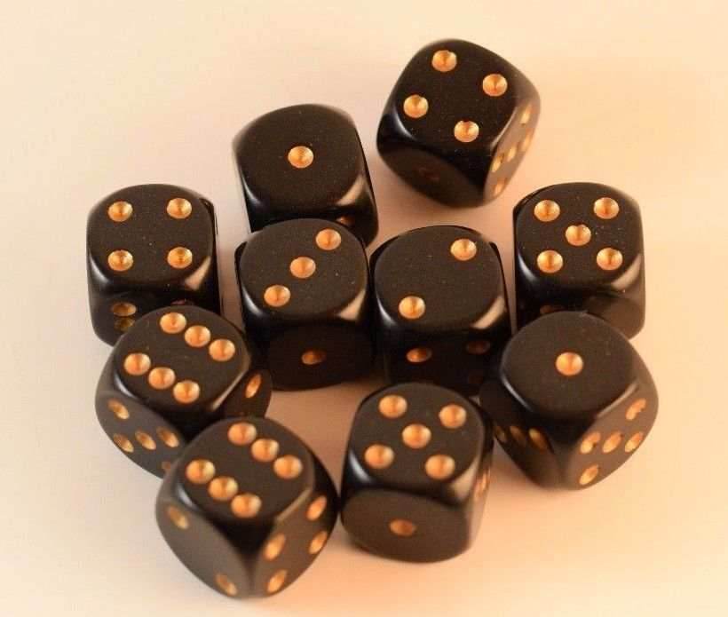 Opaque 16mm D6 RPG Chessex Dice (10 Dice) Solid Black with Gold Pips Bunco - 