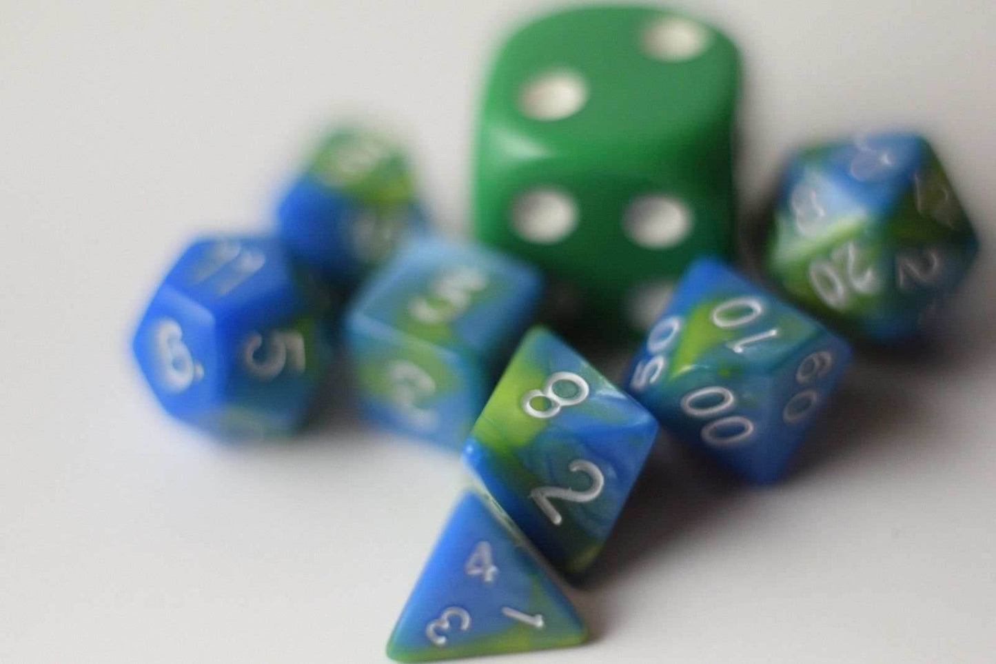 New Green Blue Miniature Poly Dice Set Blue White Small (7) RPG DnD Mini Cute - 