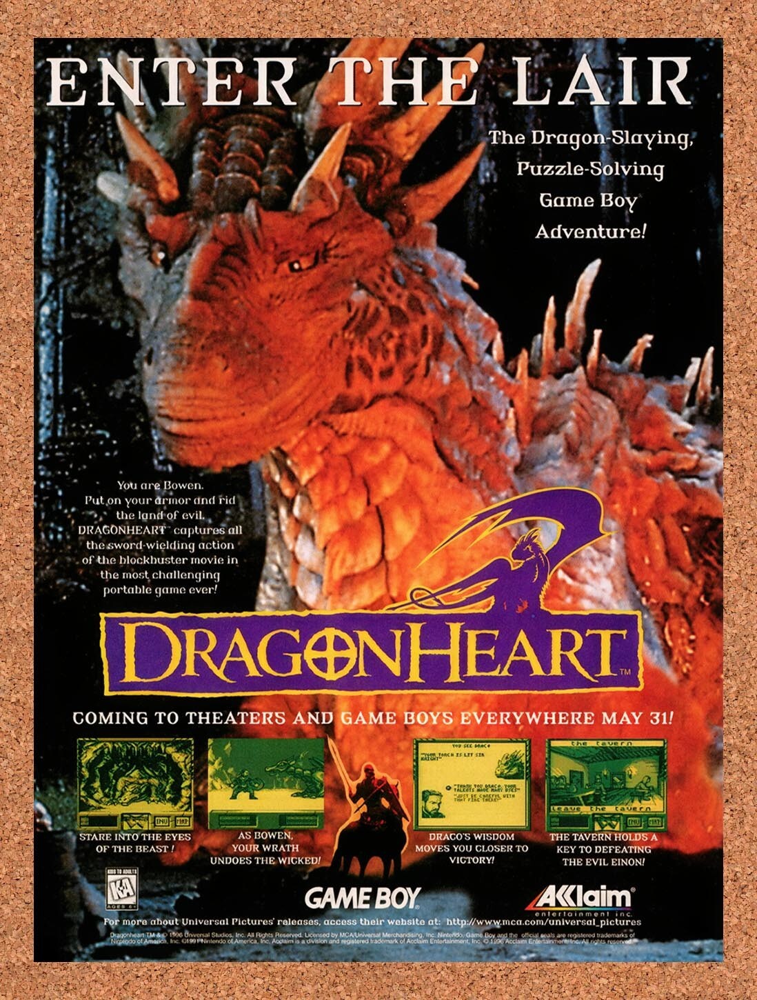 1996 DragonHeart Fire & Steel Game Boy Original Ad v1