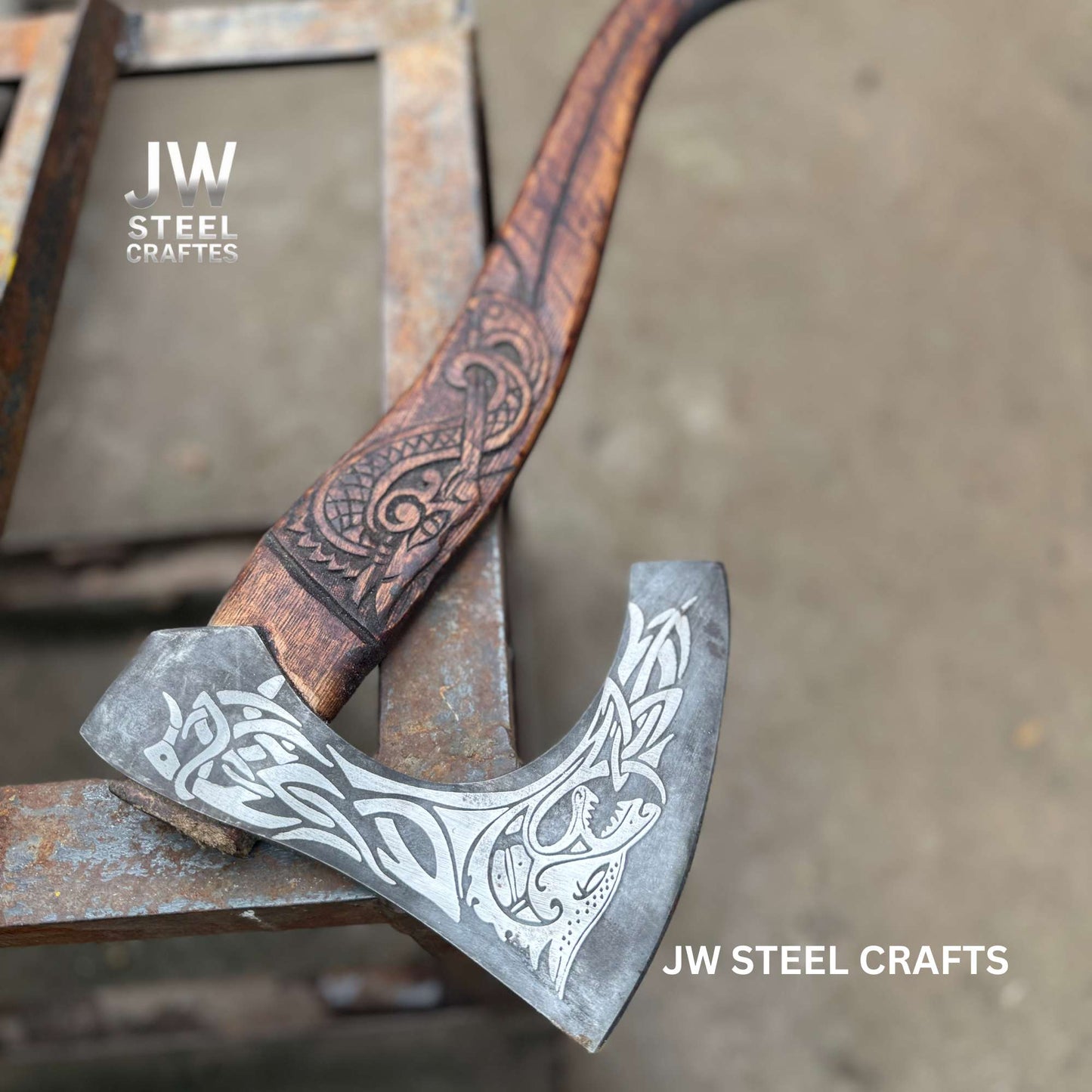 Hand-Engraved Viking Bearded Axe with Carved Hardwood Handle – Damascus Steel Blade | JW SteelCrafts