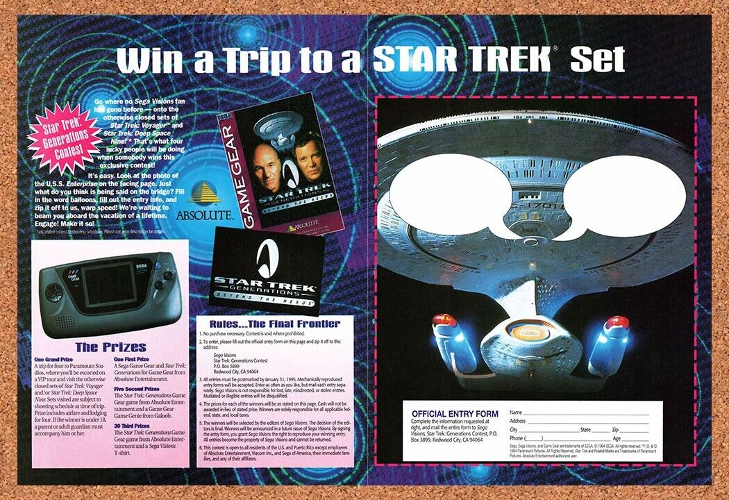 1995 Star Trek Beyond The Nexus Game Gear Sweepstakes Original Ad v1