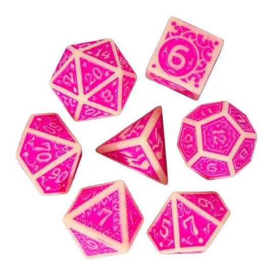 Off-White with Pink Irregular Pattern Fill: 7-Piece Acrylic Dice Set - 