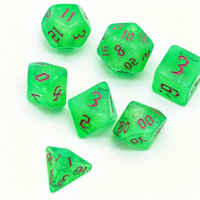 Green Glitter Party Glitter Dice (Pink font) 7-Dice Set RPG DND - 