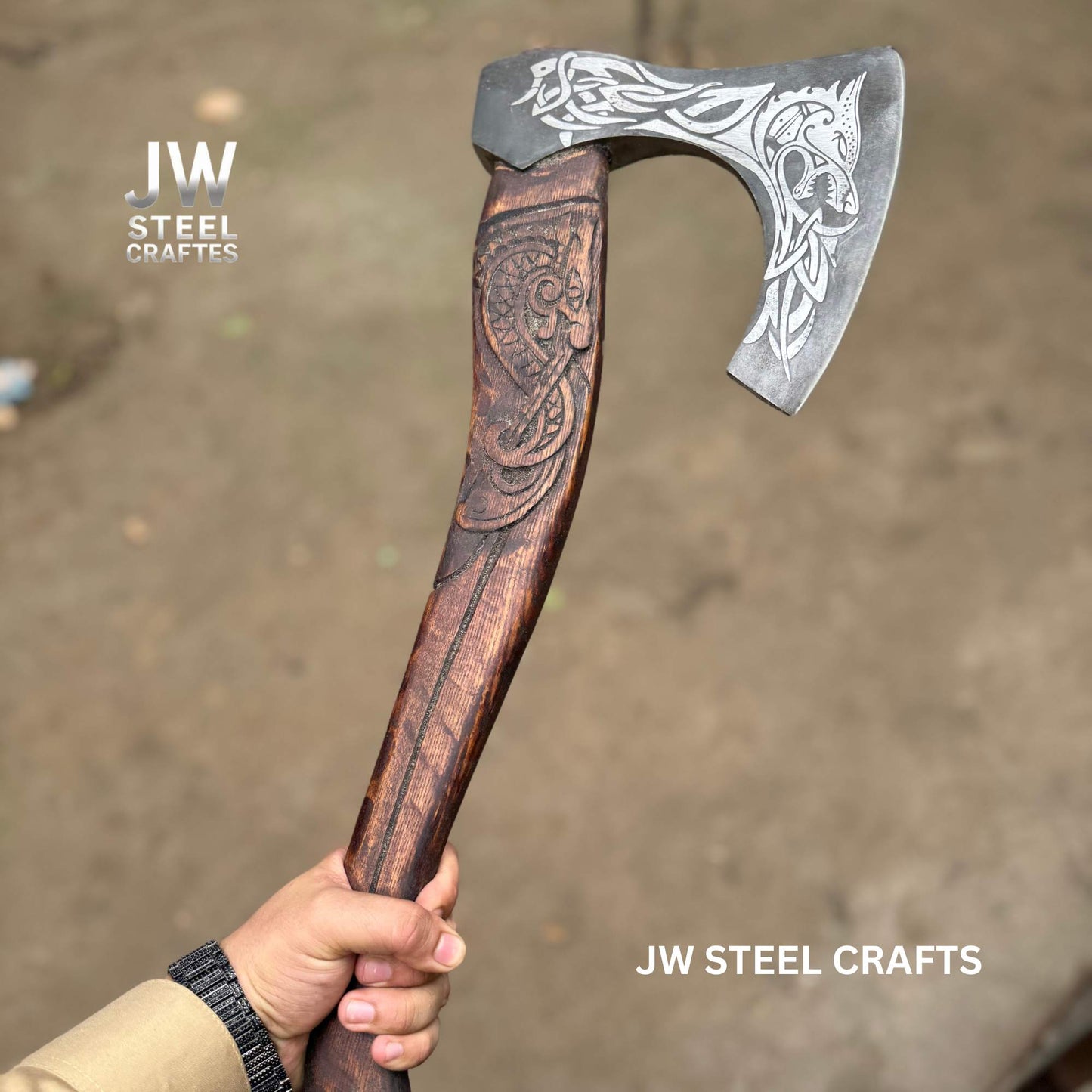Hand-Engraved Viking Bearded Axe with Carved Hardwood Handle – Damascus Steel Blade | JW SteelCrafts