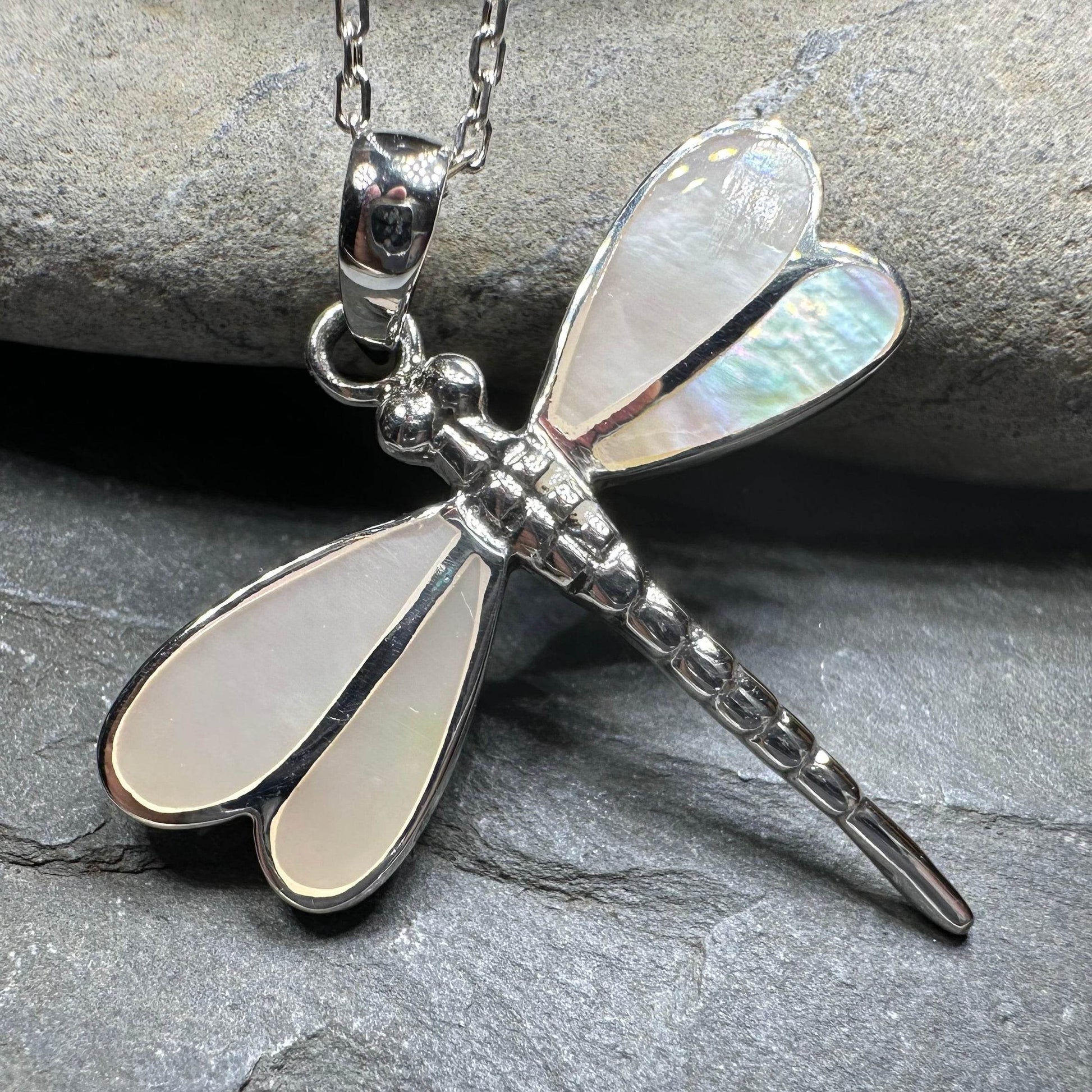 Shimmering Dragonfly Necklace - blue abalone shell
