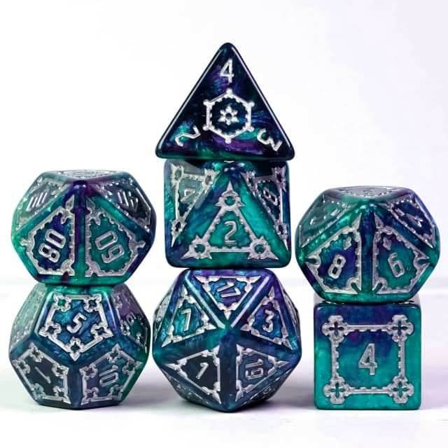Two-Tone (Purple/Green) Huge Castle Dice (D6:25mm) 7-Dice - 