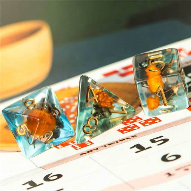 Orange & Grey Flower Dice 7-Dice Set Resin Dungeons and Dragons Dice (Gypsophila / Baby's-Breath) - 