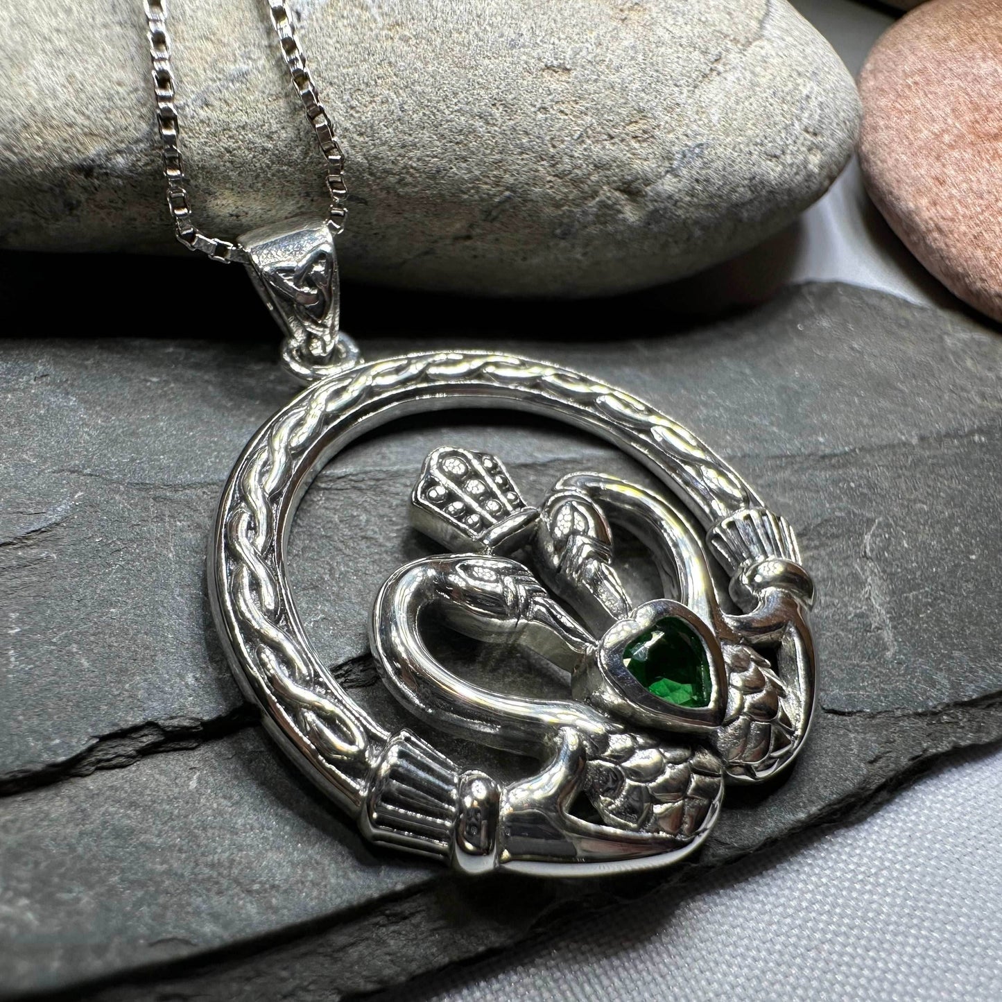 Celtic Swan Claddagh Necklace - 18 / Emerald CZ