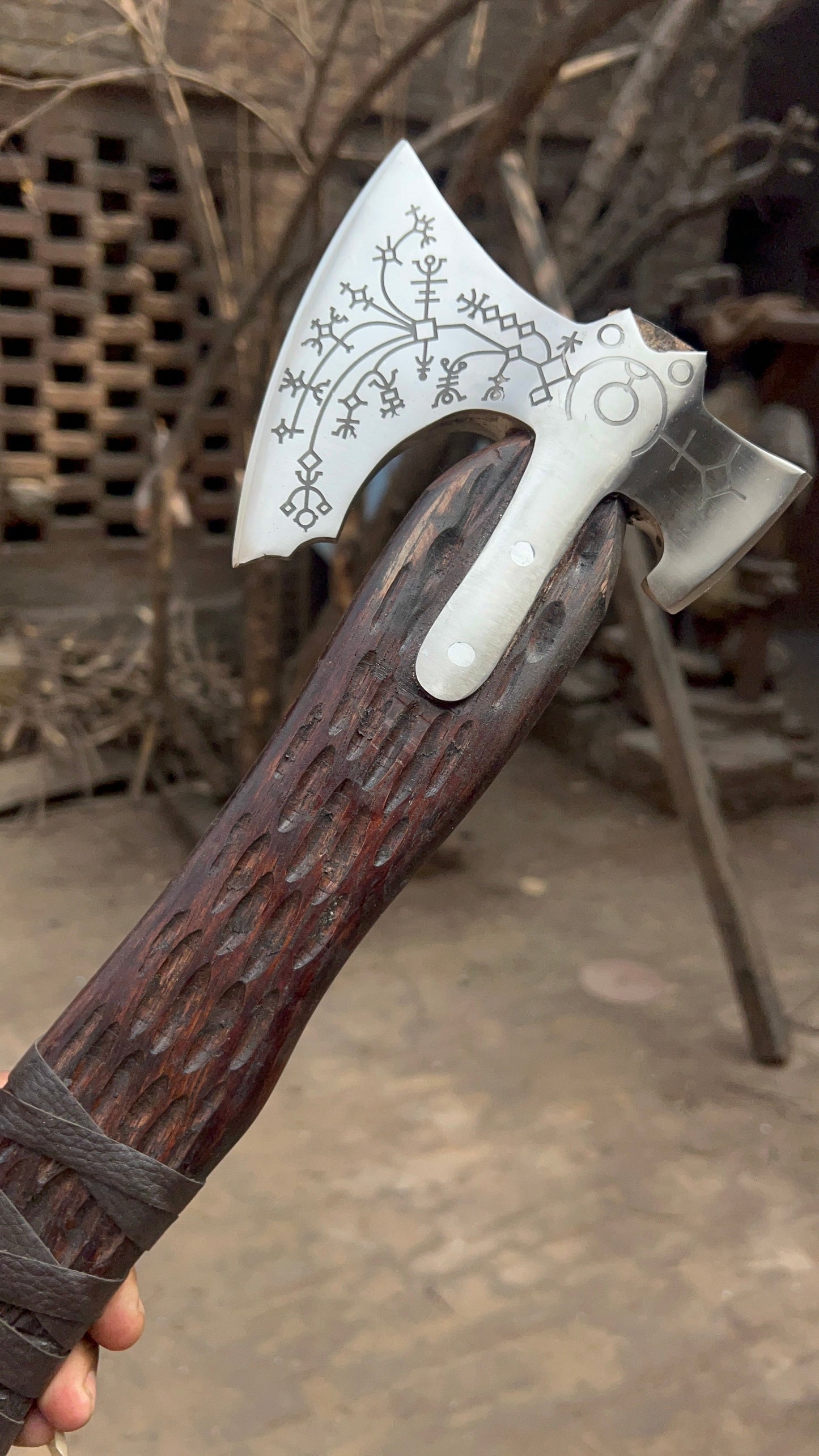 Hand Engraved Viking Double-Bit Axe with Carved Hardwood Handle and Norse Rune Detailing | Handmade Damascus Steel Collector Axe | JW SteelCrafts