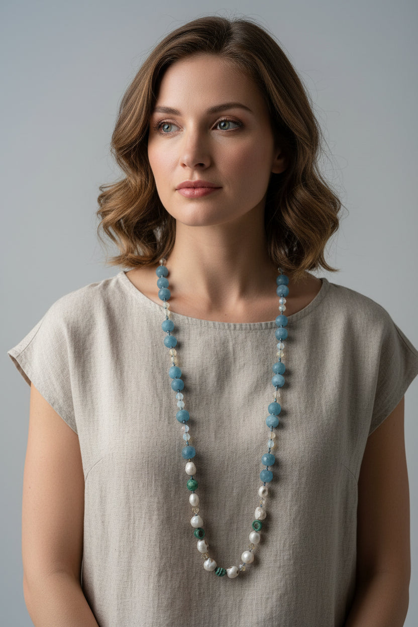 Blue Haze Long Beaded Necklace