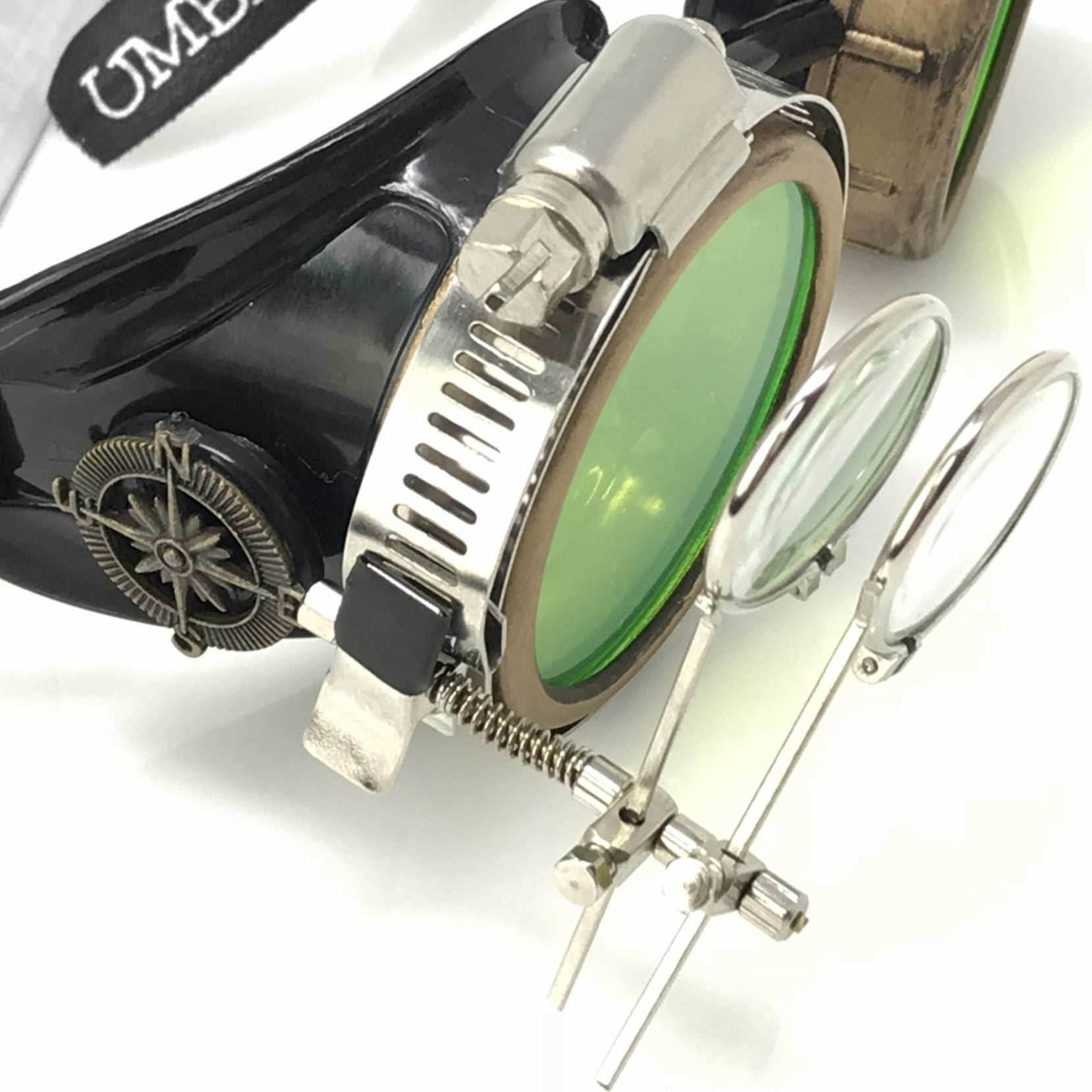 Steampunk Goggles with magnifying loupes UV glow neon green lenses - 