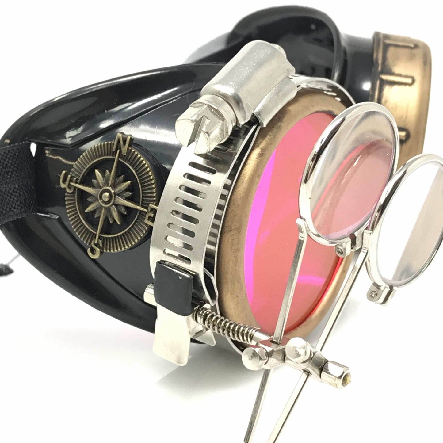 Steampunk Goggles with magnifying loupes UV glow neon pink spiral diffraction lenses - 