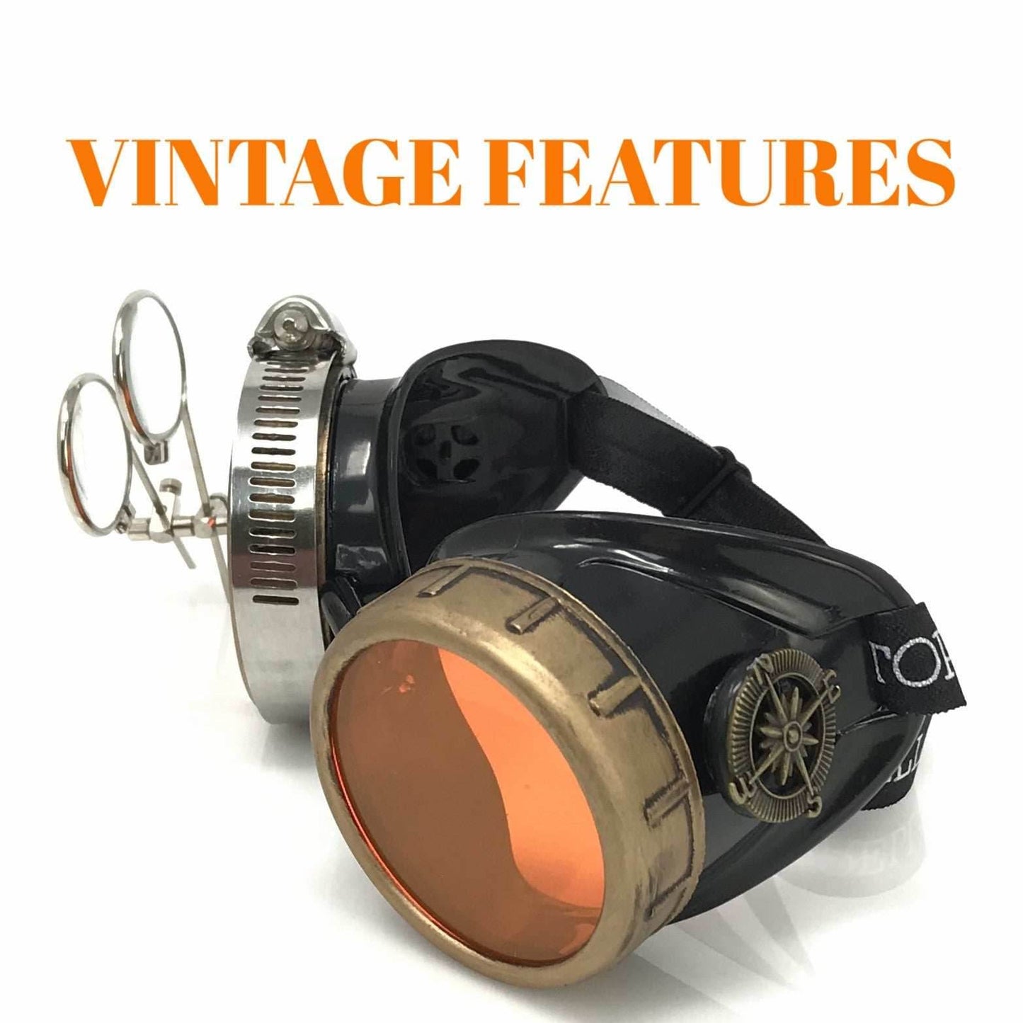 Steampunk Goggles with magnifying loupes UV glow neon orange lenses - 