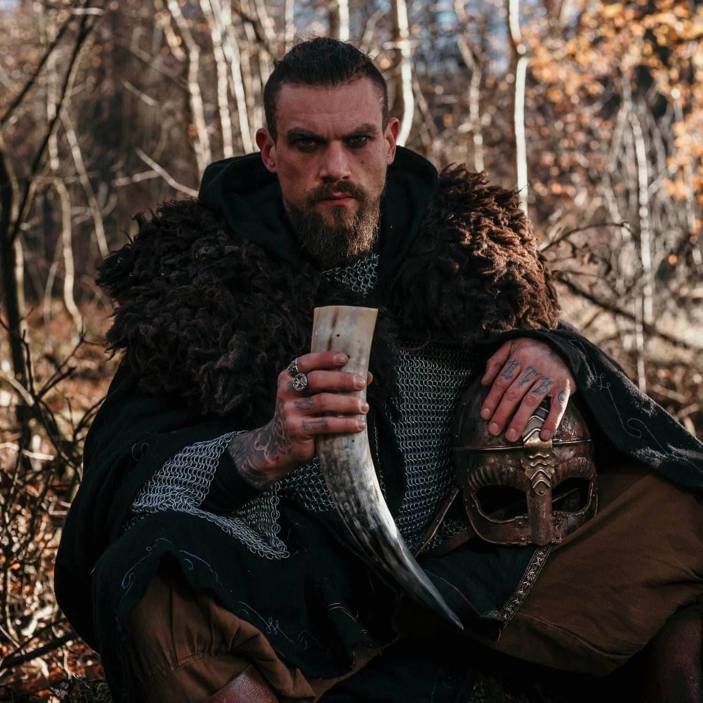 Drinking Horn Set (3) with Iron Stand - 