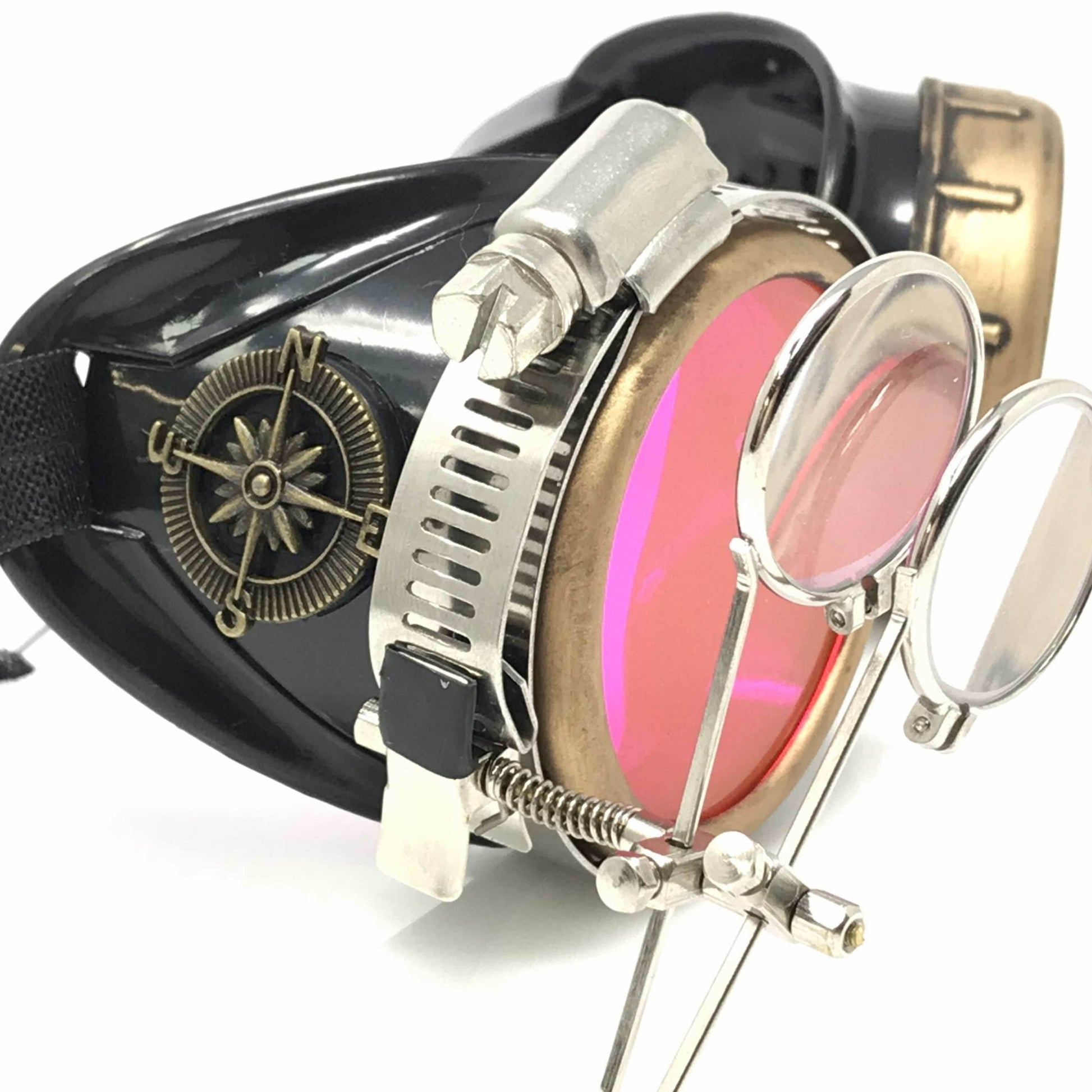 Steampunk Goggles with magnifying loupes UV glow neon pink lenses - 