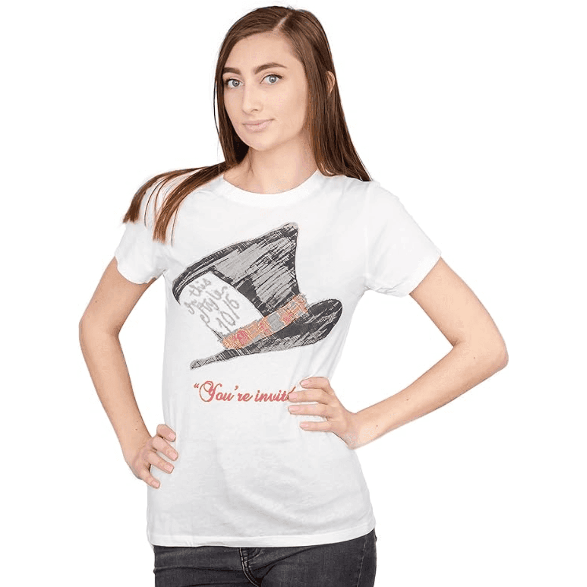 Alice in Wonderland Mad Hatter Hat You're Invited Juniors White T-Shirt Tee - S