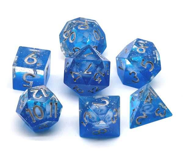Dreaming of Space 7-Dice Set Resin Sharp Edge RPG DND Blue Glitter - 