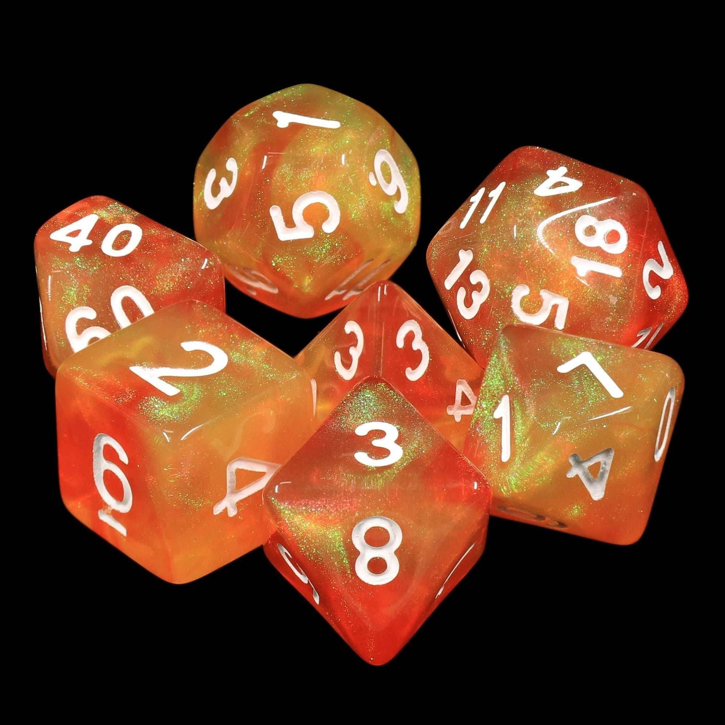 Walking the Sun Orange/Yellow Glitter 7-Dice Set by HendgaDice - 