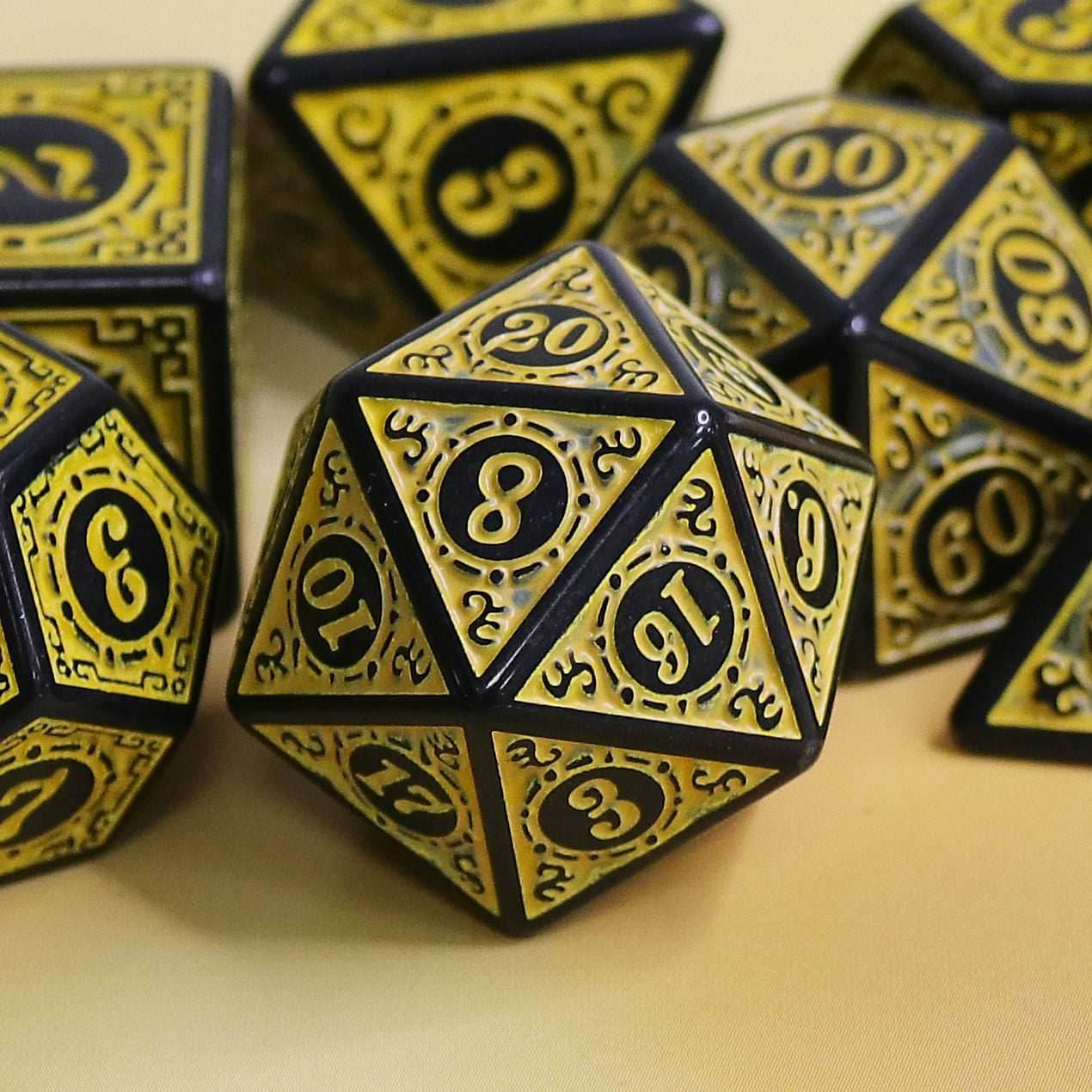 Yellow Magic Flame 7-Dice Set DND RPG Dice Black w/Color Fill - 