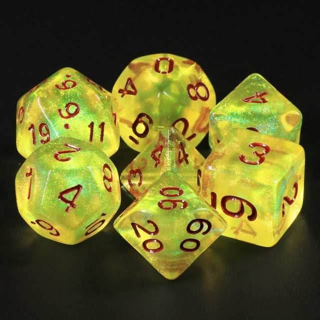 Lemon Yellow Glitter with Red Numbering 7-Dice Set RPG - 