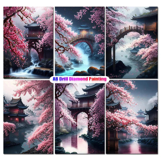 5D DIY Japanese Cherry Diamond Painting AB Drills Mosaic Diamond Embroidery Landscape Rhinestone Handmade Gifts Home Decor