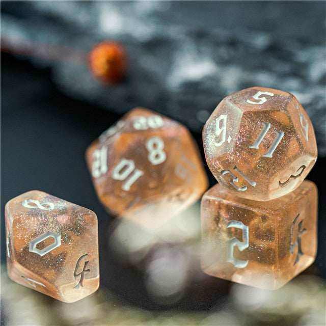 Peach Glitter Party Glitter Dice (White font) 7-Dice Set RPG DND - 