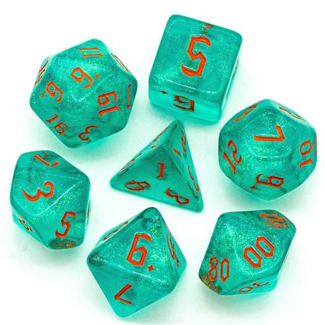 Blue/Teal Glitter Party Dice (Red/Orange font) 7-Dice Set RPG DND - 