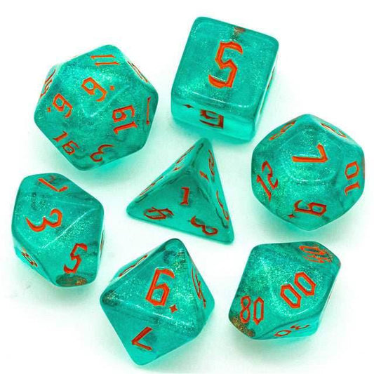 Blue/Teal Glitter Party Dice (Red/Orange font) 7-Dice Set RPG DND - 