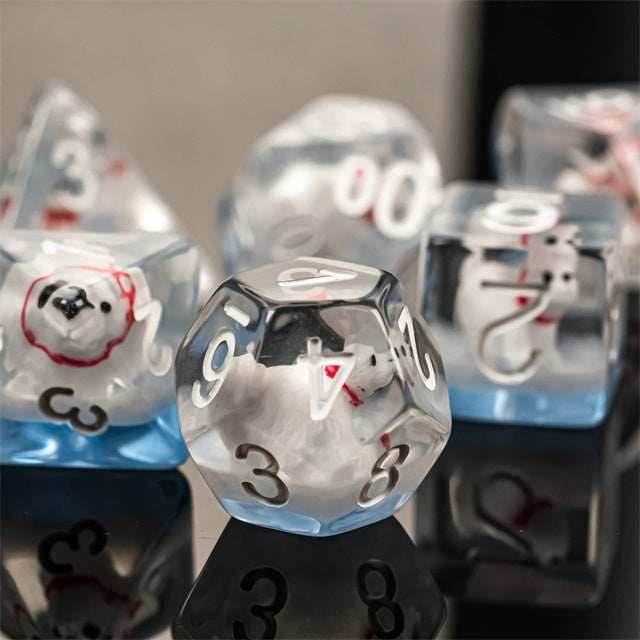 Polar Bear on Blue 7-Dice Set w/White Numbers Dnd Dice Set - 