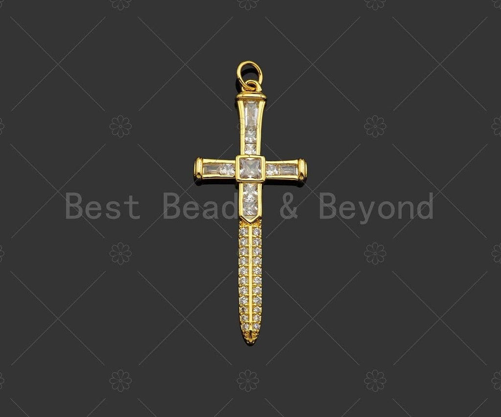 Gold Filled CZ Micro Pave Cross Sword Shape Pendan,18K Gold Filled Cross Charm, Necklace Bracelet Charm Pendant,18x43mm,Sku#Y460