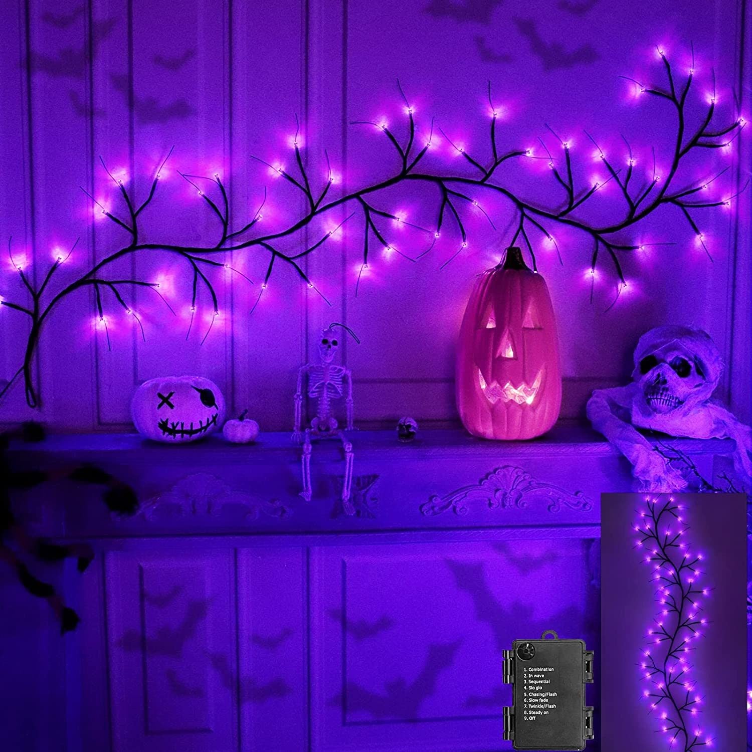 6 Ft 54 LED Halloween Willow Vine Twig 18 LED Pumpkins & Spiders, 36 Orange & Purple Halloween Lights Waterproof Battery Operated Garland Halloween Scary Decorations Home Indoor Wall