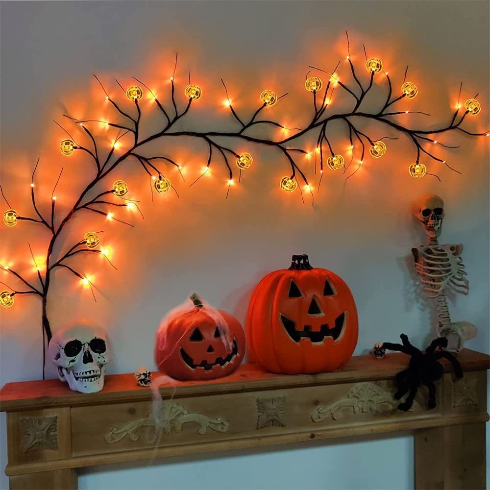 6 Ft 54 LED Halloween Willow Vine Twig 18 LED Pumpkins & Spiders, 36 Orange & Purple Halloween Lights Waterproof Battery Operated Garland Halloween Scary Decorations Home Indoor Wall