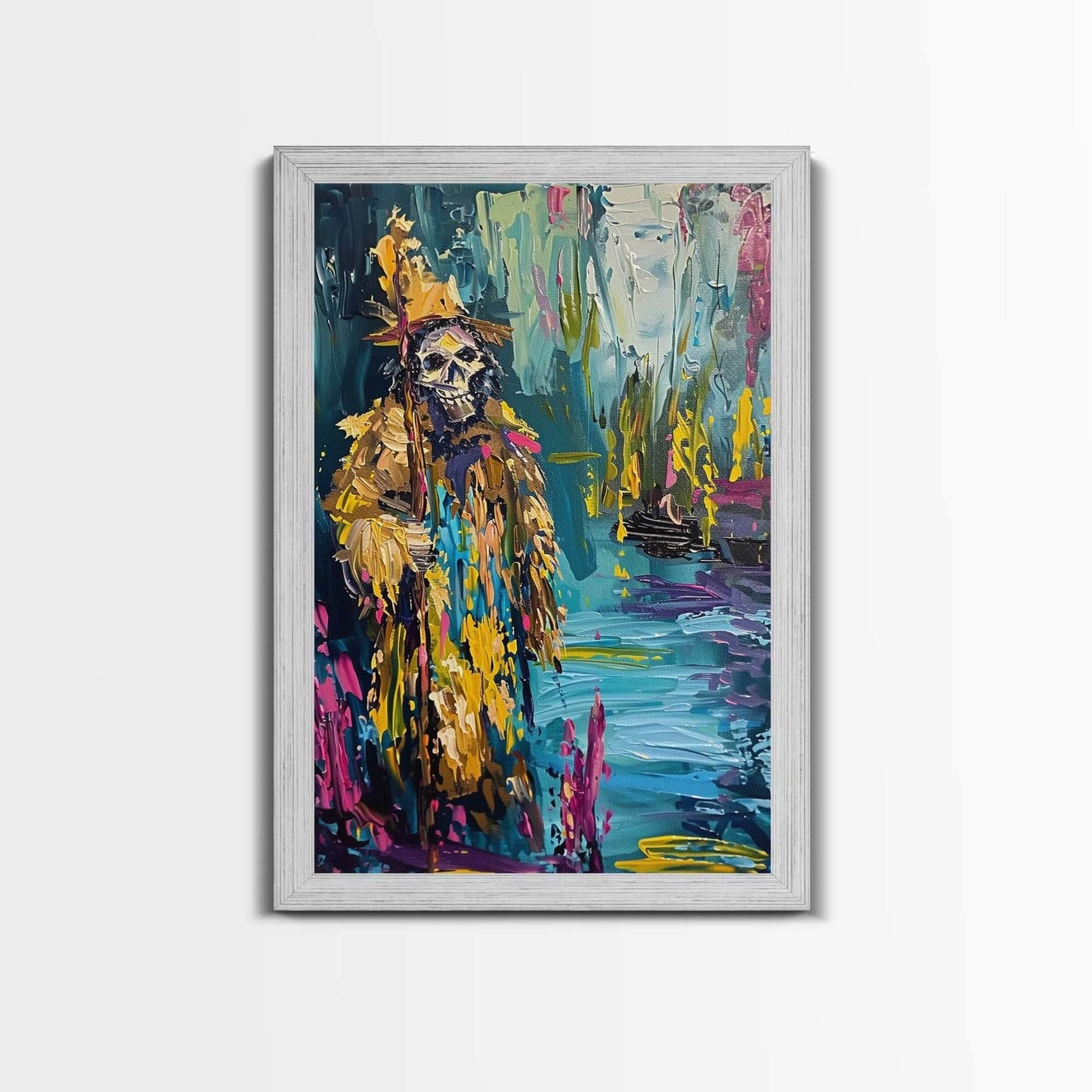 Halloween Skeleton Wizard, Framed Canvas Print, Wall Art, Home Decor, Spooky Artwork, Witchcraft Decor, Fantasy Art, Holiday Decor - 8x12 Inches / Gold Frame