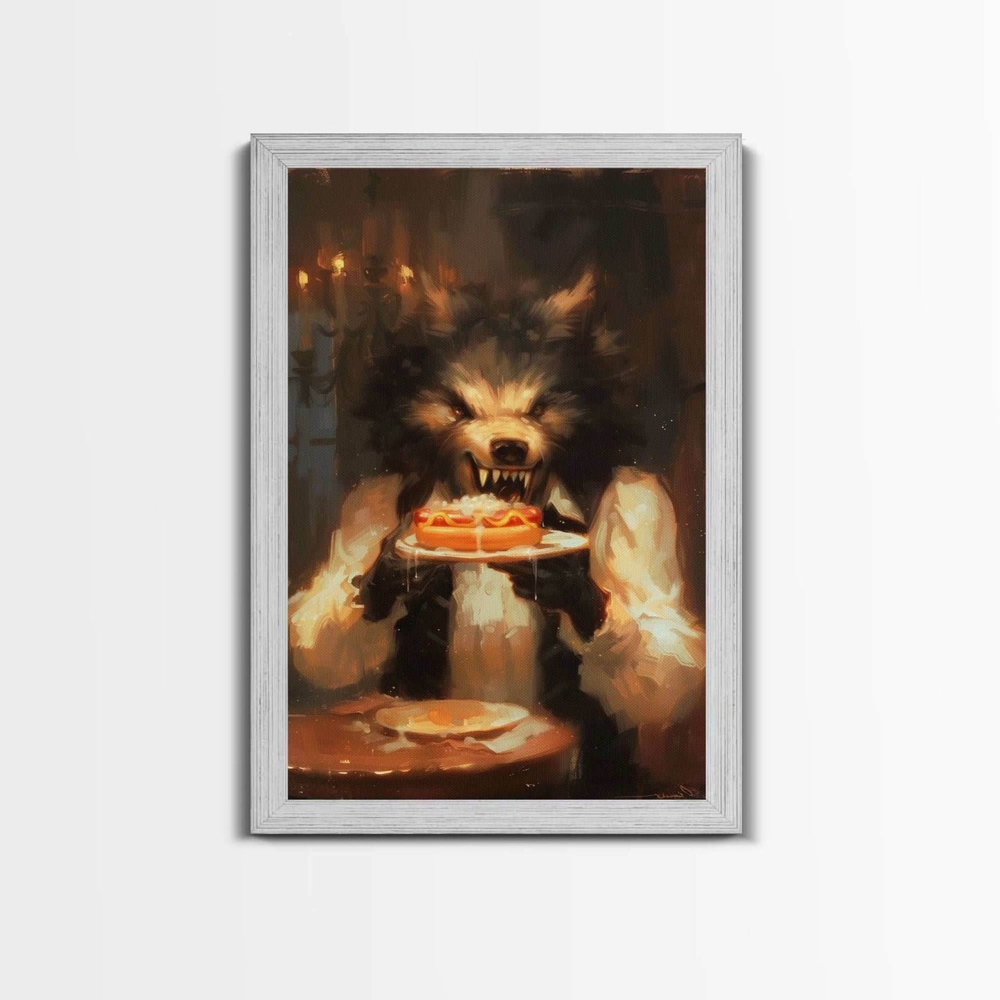 Halloween Werewolf Eating Hotdog, Framed Canvas Print, Wall Art, Spooky Artwork, Fantasy Decor, Halloween Decor, Whimsical Funny Halloween - 8x12 Inches / Gold Frame