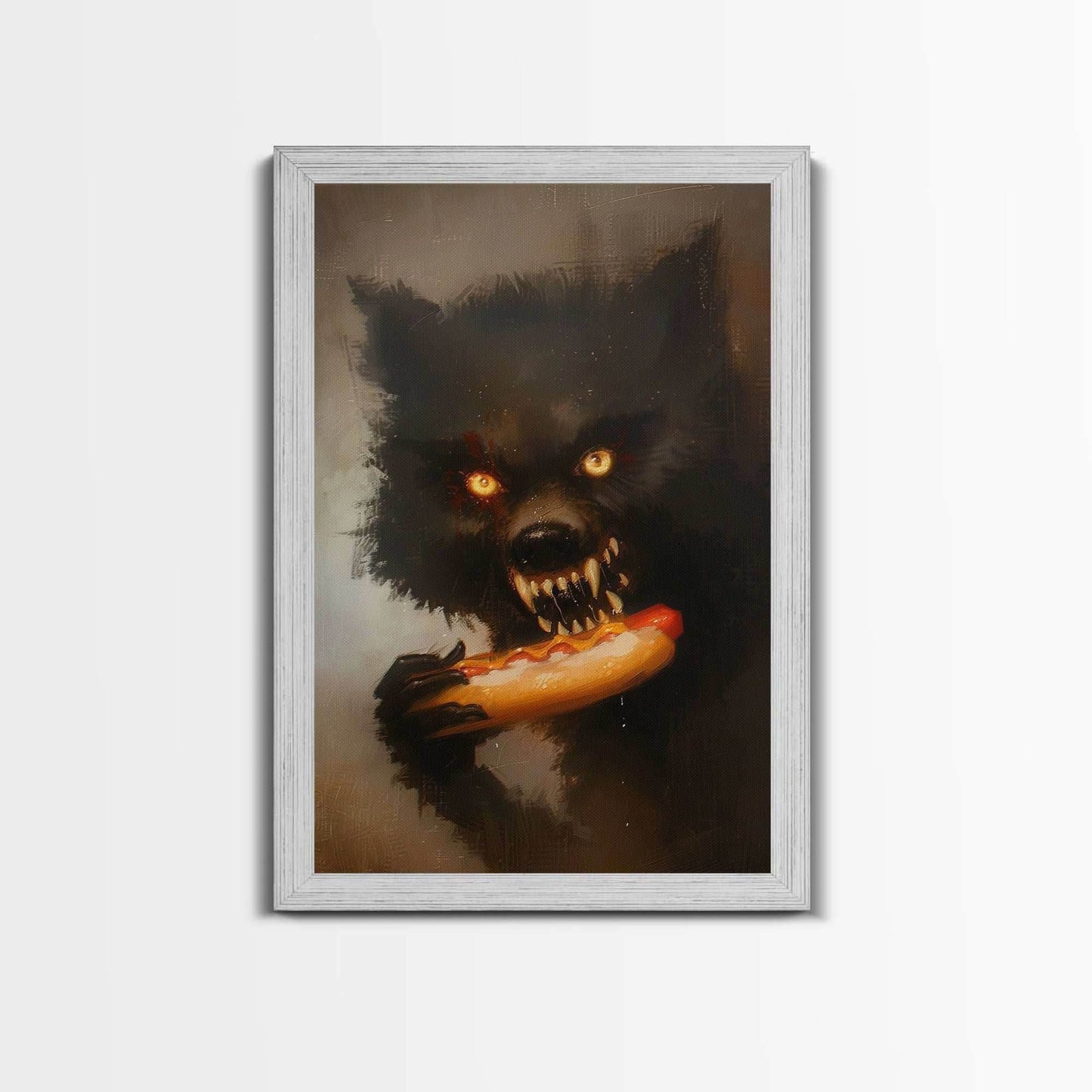 Halloween Werewolf Snarling, Framed Canvas Print, Wall Art, Home Decor, Spooky Art Monster Decor, Halloween Decor, Fantasy Art, Holiday Gift - 8x12 Inches / Gold Frame