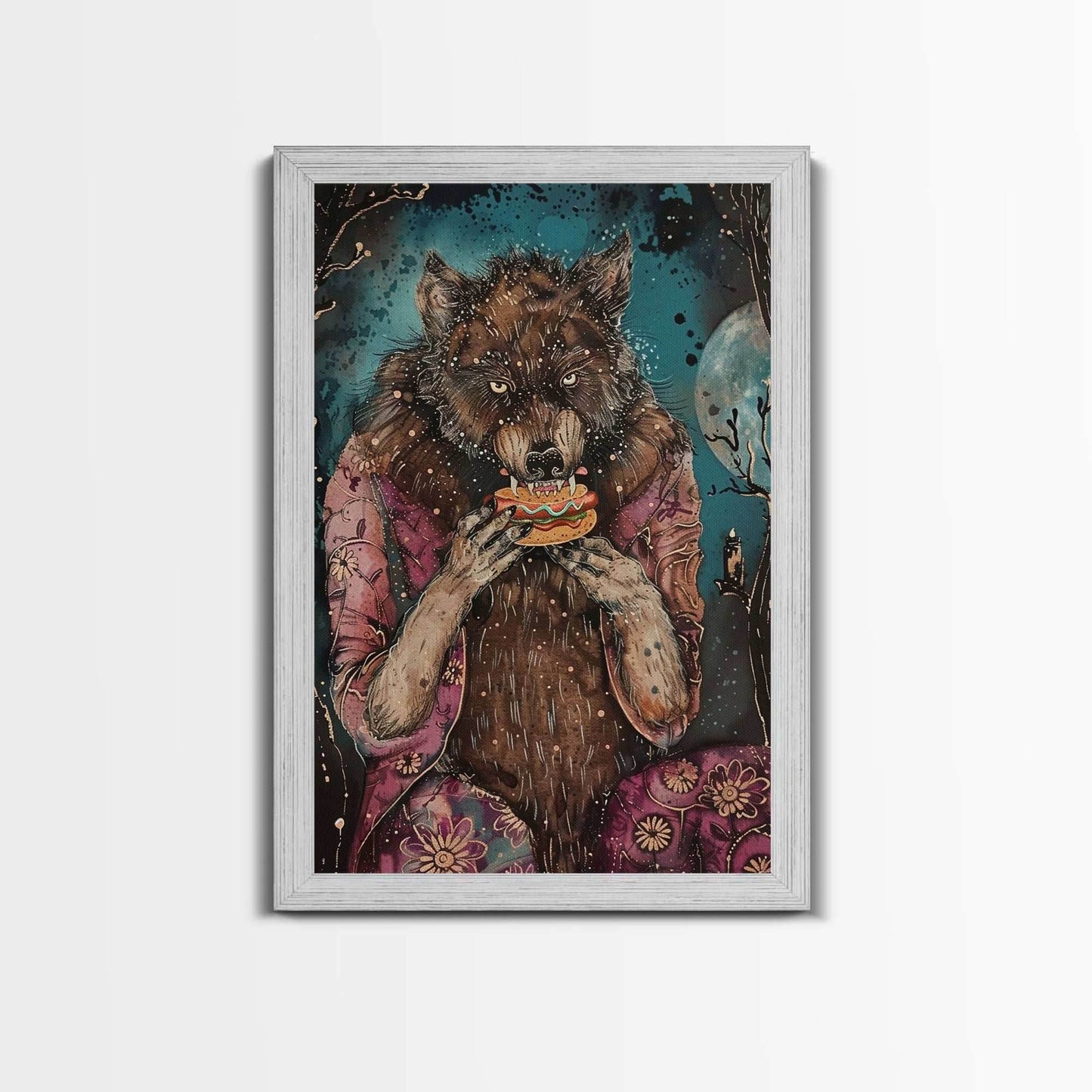 Halloween Werewolf Enjoying Hotdog, Framed Canvas Print, Wall Art, Home Decor, Spooky Artwork, Fantasy Decor, Halloween Decor, Holiday Gift - 8x12 Inches / Gold Frame