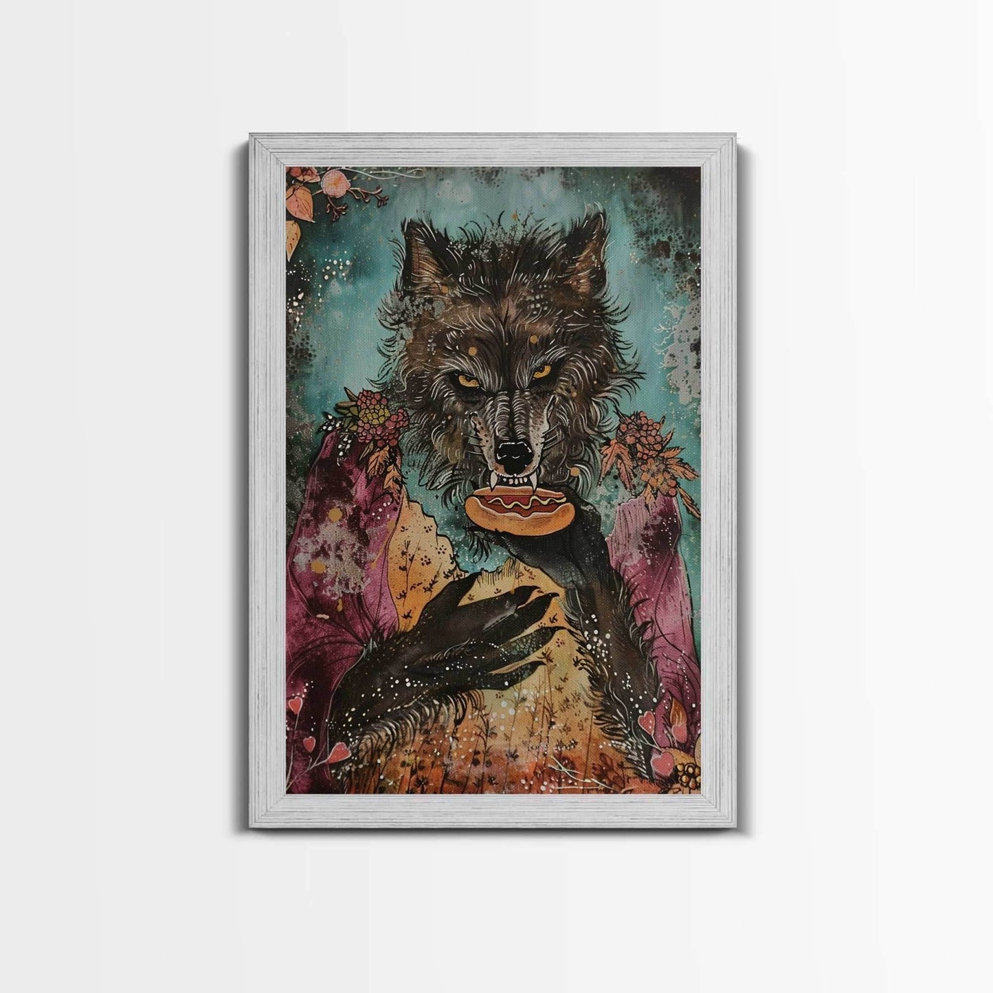 Halloween Werewolf Holding Hotdog, Framed Canvas Print, Wall Art, Home Decor, Spooky Artwork, Fantasy Decor, Halloween Decor - 8x12 Inches / Gold Frame