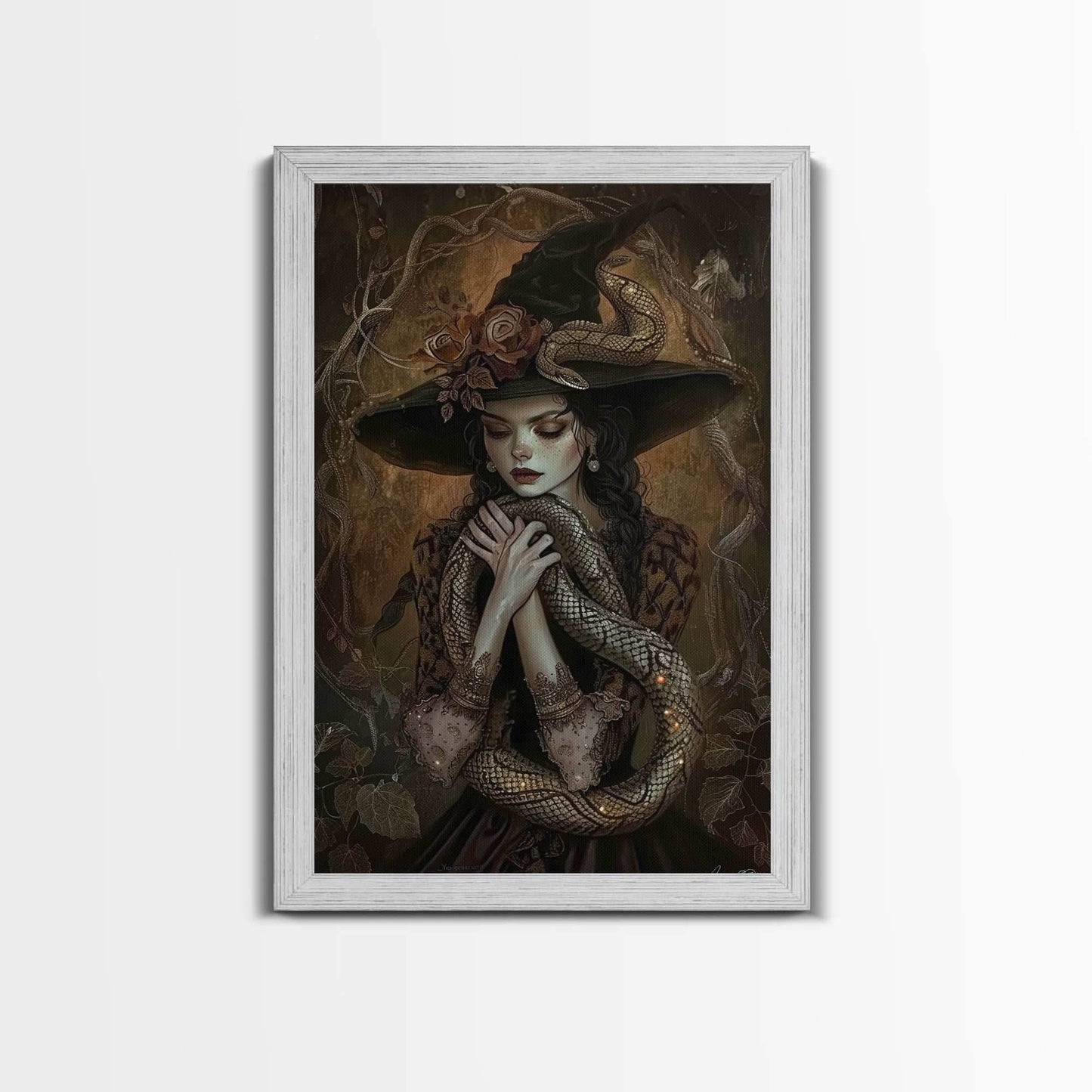 Mysterious Witch Holding Snake, Framed Canvas Print, Gothic Witch Art, Dark Fantasy Decor, Witch and Serpent, Halloween Accessories - 8x12 Inches / Gold Frame