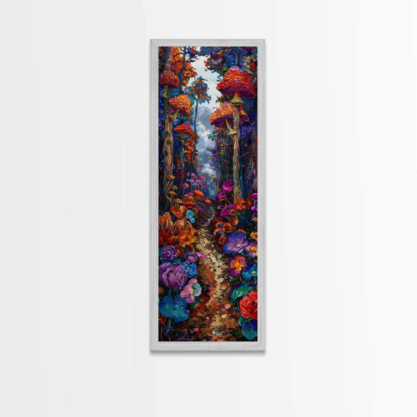 Fantasy Forest Pathway with Giant Mushrooms as Tall Skinny Art Framed Canvas Print for Whimsical Wall Decor in Unique Spaces - 10x30 Inches / Gold Frame