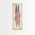 Abstract Samurai Swords Framed Canvas Print Ukiyo-e Art Japanese Style Tall Art Skinny Art Wood Block Print - 10x30 Inches / Gold Frame