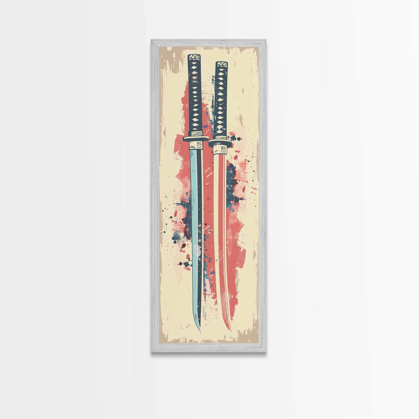Abstract Samurai Swords Framed Canvas Print Ukiyo-e Art Japanese Style Tall Art Skinny Art Wood Block Print - 10x30 Inches / Gold Frame